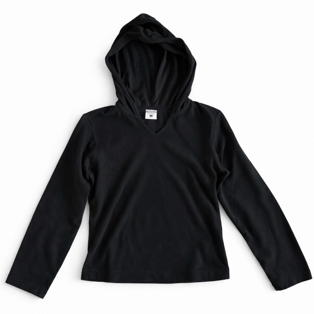 Columbia Hooded Fleece Pullover Winter Ski Layer V-Neck Soft Shell Black Small